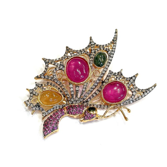Bochic “Orient” Multi Fancy Sapphire & Ruby Brooch Set In 18K Gold & Silver For Sale - Image 10 of 12