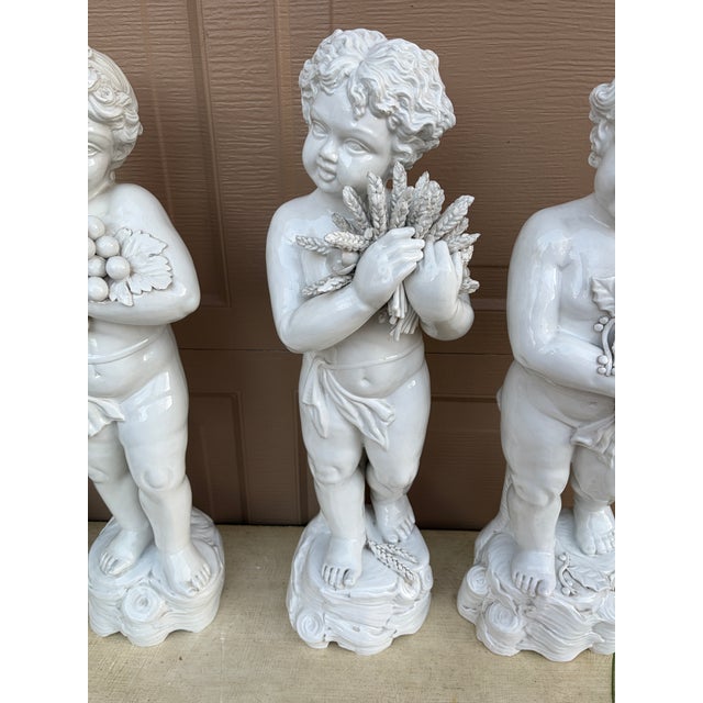 Mid 20th Century Neoclassical Italian White Porcelain Allegorical Cherub or Putti Statues of the Four Seasons, Set of 4 For Sale - Image 10 of 18