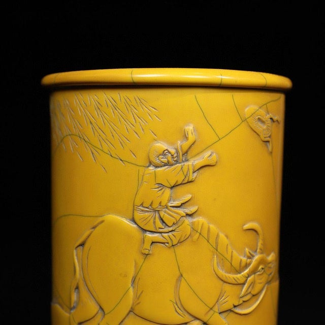 Mid 20th Century Vintage Chinese Faux Ivory "Boy on Buffalo" Carved Brush Pot - 530g For Sale - Image 5 of 10