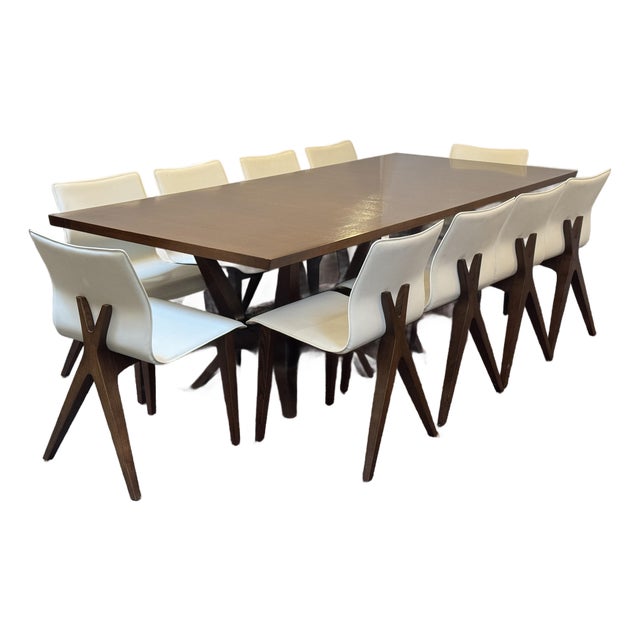 Joseph Jeup Sculpted Trestle Dining Table + X Back Dining Side Chairs, Set For Sale