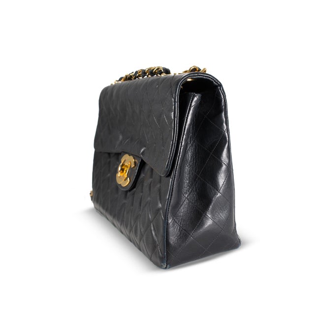 Modern Vintage Chanel 1990s Black Lambskin Leather Quilted XL Jumbo Flap Bag For Sale - Image 3 of 11