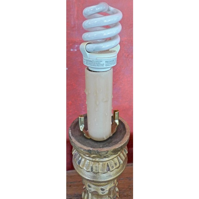 Gold French 19th Century Hand Carved Hand Painted Gold Leaf Wood Candlestick Lamp For Sale - Image 8 of 11
