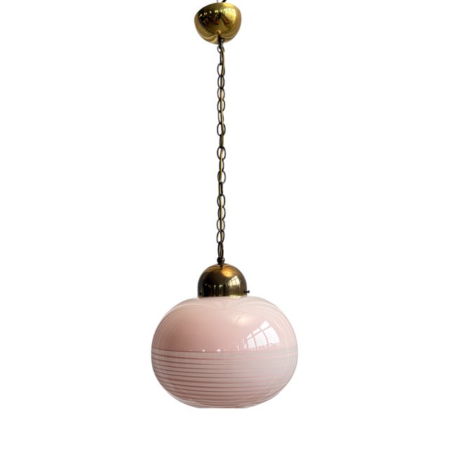 Mid-Century Pink Swirl Murano Glass and Brass Pendant, Italy, 1970s For Sale