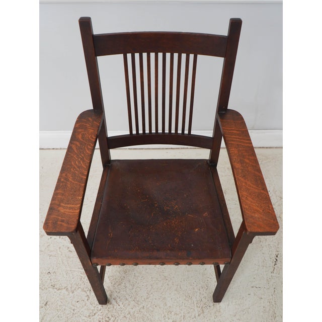 Age: C.1900-1910 Details: High Quality Construction Arts & Crafts Style Oak Stretcher Base Frame Original Leather Seat...