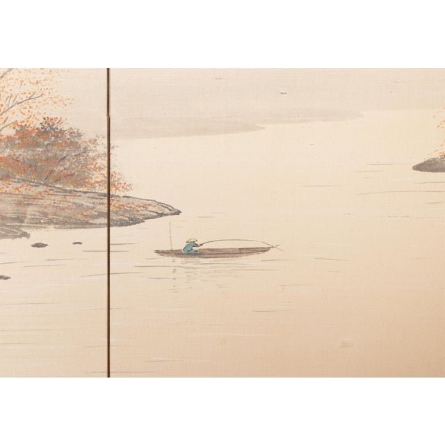 1960s Shōwa Era Japanese Silk Byobu Screen "Autumn Landscape With River" For Sale - Image 10 of 18