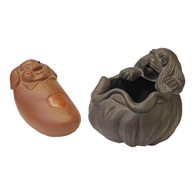 Two Oriental Small Ceramic Animal Figures Display Art Puppy & Piggy For Sale