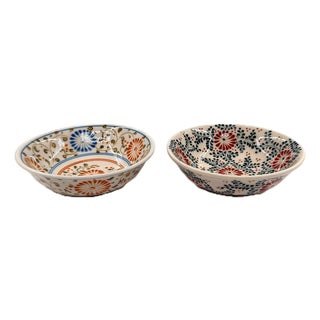 Set of 2 Bat Trang Vietnamese Ceramic Multipurpose Bowls Hand Painted With Floral Red, Blue & Orange Botanical Motifs For Sale