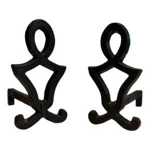 Modernist Cast Iron and Wrought Iron Andirons by Raymond Subes - A Pair