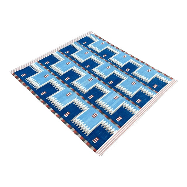 Handwoven Cotton Area Rug, Natural Vegetable Dyed, Blue, Beige, Cream & Red Geometric Dhurrie - 5'x8' For Sale