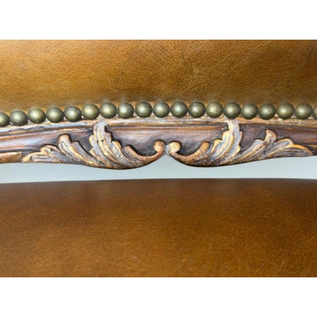Mid 20th Century Pair of VIntage French Louis XV Cognac Leather Fauteuils For Sale - Image 5 of 18
