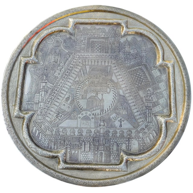 Antique highly crafted, engraved and detailed Moroccan tray. Constructed of solid brass using simple tools, and engraved...