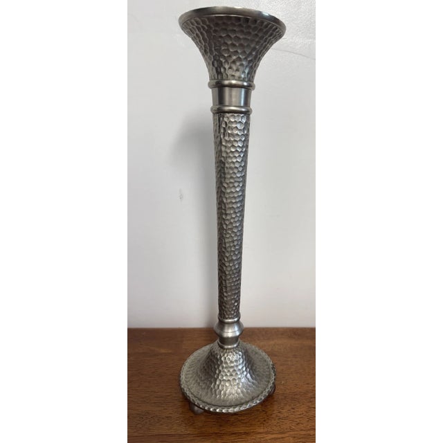 Vintage Hammered Metal Tall Taper Candle Holder Candlestick Silver Tone Decor For Sale - Image 4 of 11