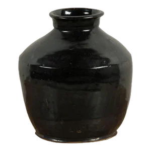 Mid-Century Vintage Black Ceramic Glazed Wine Jar
