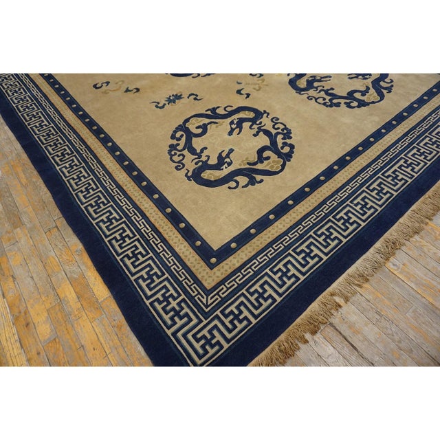 Textile 1920s Antique Chinese Medallion Dragon Ivory Room Size Wool Peking Knotted Rug For Sale - Image 7 of 11