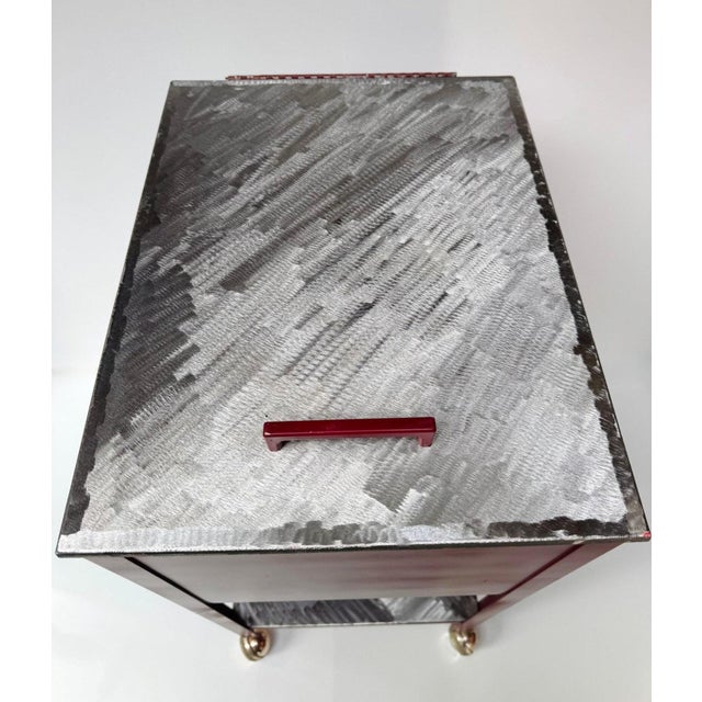Vintage Red Steel Shop Cart With Hand-Ground Metal Surfaces For Sale - Image 4 of 16