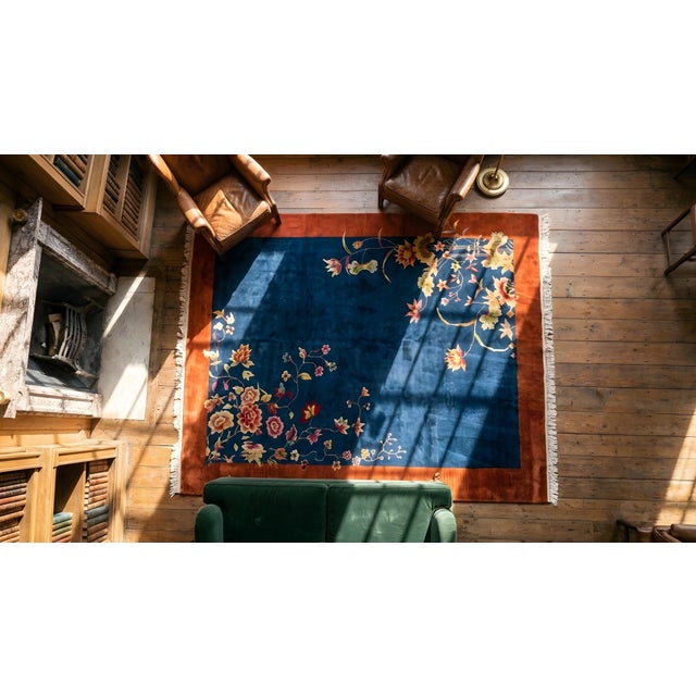1920s Navy Blue Floral Antique Chinese Art Deco Carpet 9' X 11'2" Knotetd Wool Rug For Sale - Image 12 of 12