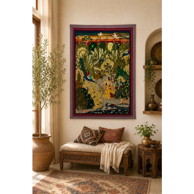 Traditional Vintage Silk Embroidered Peacock Garden Textile Wall Hanging | Large Mughal Inspired Folk Art Panel For Sale - Image 3 of 4