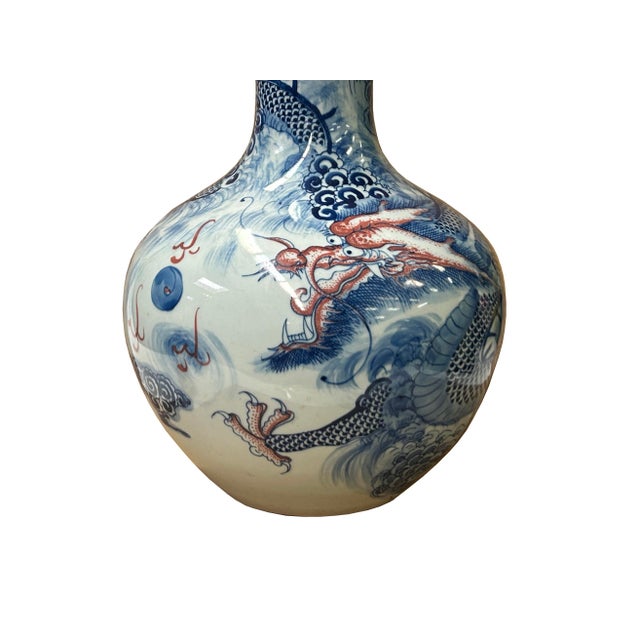 Oriental Blue Red Dragon Graphic Fat Body White Porcelain Art Vase For Sale - Image 9 of 17