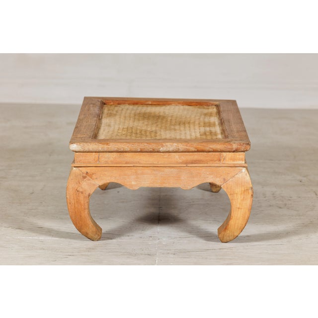 Country Style Low Wood Coffee Table with Woven Mat Top and Curved Legs For Sale - Image 10 of 12