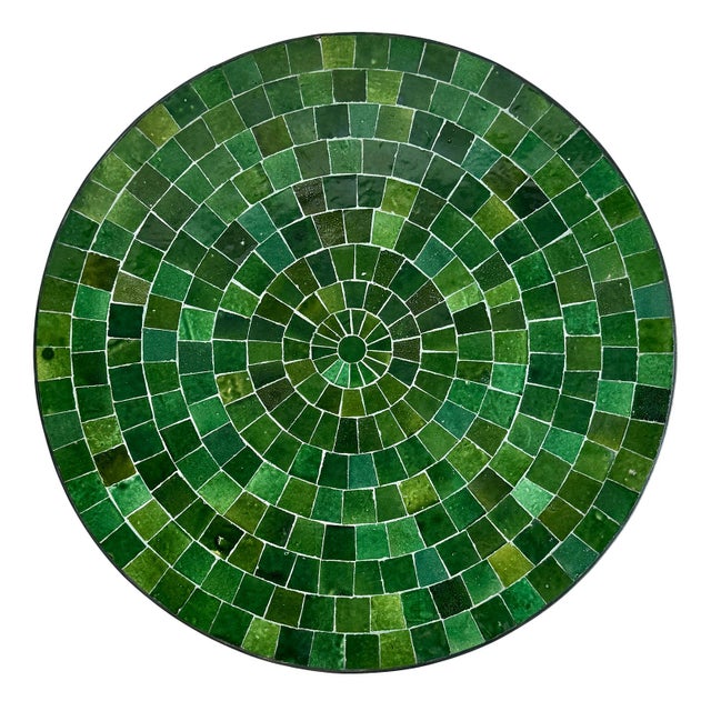 Beautiful outdoor or indoor hand crafted Moroccan emerald green tile side table. Matte black iron base. Slight...