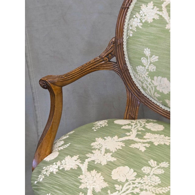 Wood Vintage French Louis XVI Style Armchairs With Green and Cream Upholstery - A Pair For Sale - Image 7 of 12