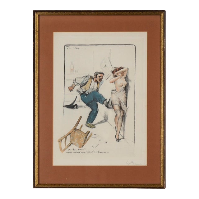 Satirical French Illustration of Man and Woman by Gaston Hoffmann For Sale