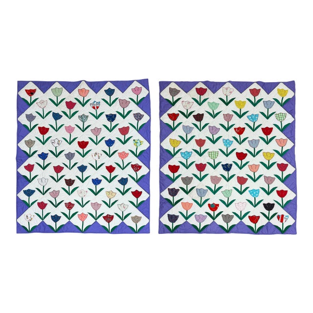 Vintage Tulip Motif Quilts, a Pair For Sale
