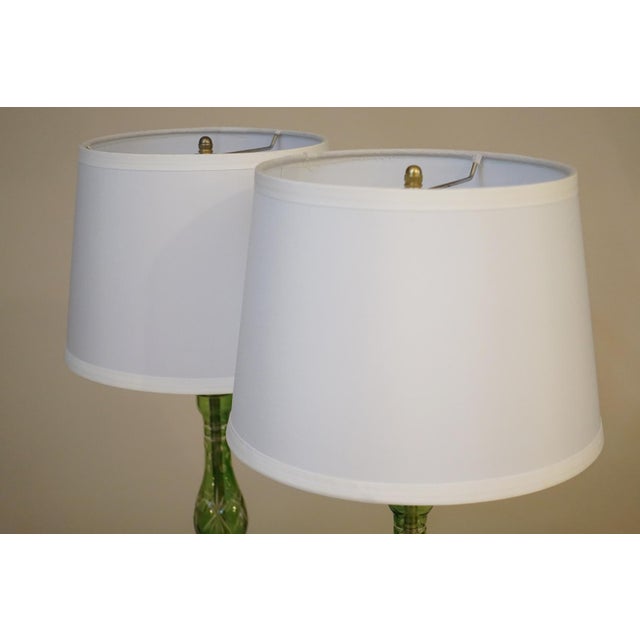 1940s Classic Bohemian Green "Cut Through" Deco Art Glass Brass Boudoir Candlestick Table Lamps - a Pair For Sale - Image 15 of 16