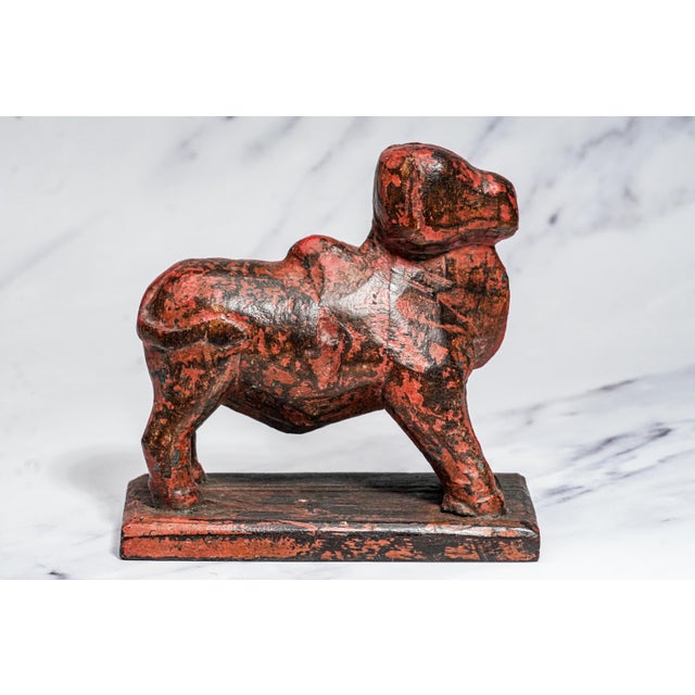 Hand Carved Asian Folk Art Wood Animal Sculpture Statue Distressed Painted Patina Home Decor For Sale - Image 9 of 11