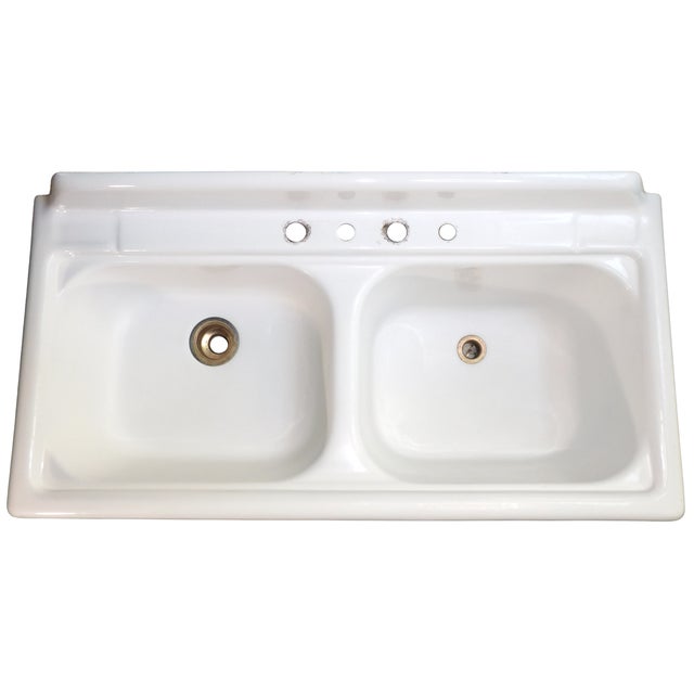 American Iconic 1957 Vintage Kohler Sea Cliff 50" Wide Double Basin Porcelain & Cast Iron Kitchen Sink For Sale - Image 3 of 18