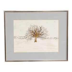Vintage 20th C. Illustrative Winter Tree Watercolor Drawing
