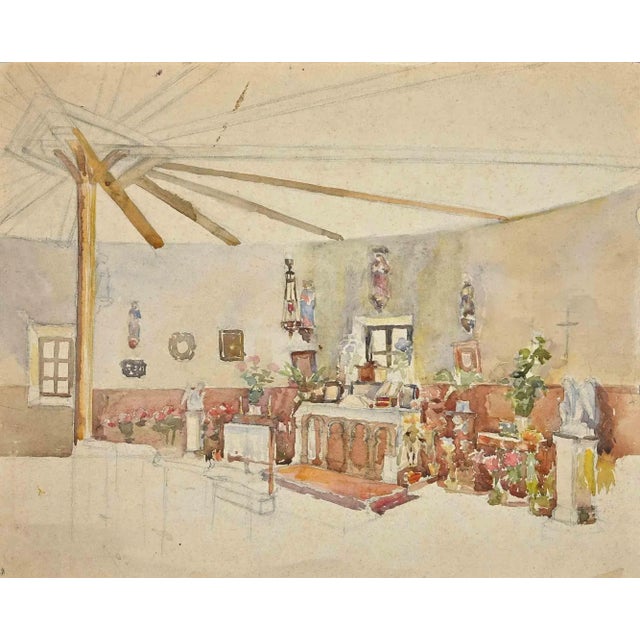 Rémy Hetreau, Interior of the Church, Original Drawing, 1930s For Sale - Image 3 of 3