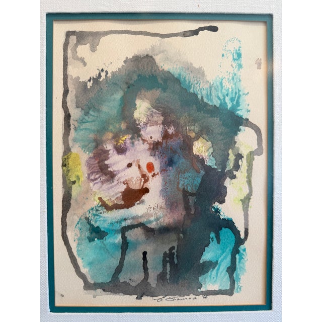 Signed and dated original abstract watercolor in teal, charcoal, and soft cream. This painting is a moody, expressive...