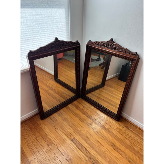 Antique pair of Mahogany Carved Mirrors by Barker Bros. Excellent condition. Heavy duty. H: 37 inches W: 25.75 inches D: 2...