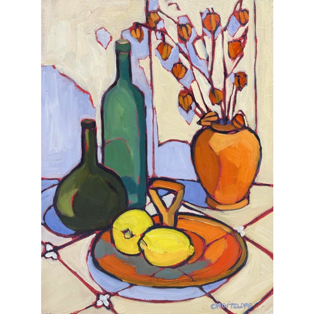 "Perennial Fruits" Contemporary Original, Expressive and Colorful, Still Life Oil Painting on Panel For Sale