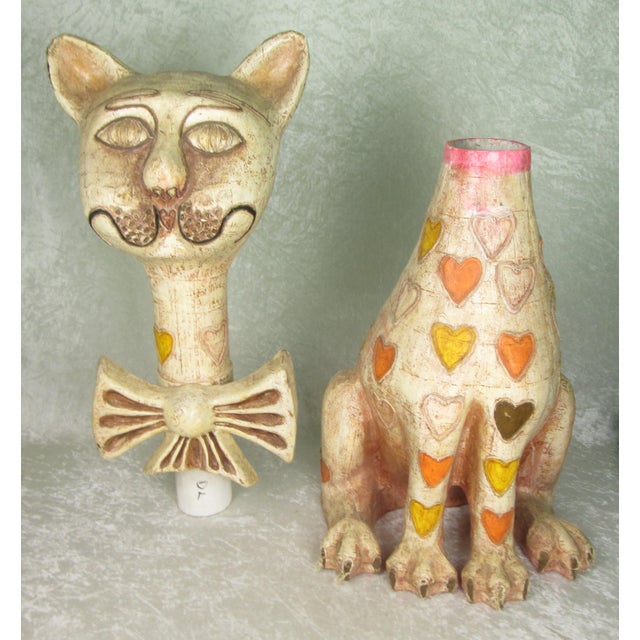Vintage large Mid Century Modern Jeanne Valentine Paper Mache folk art sitting cat figurine with hearts and wearing a bow...
