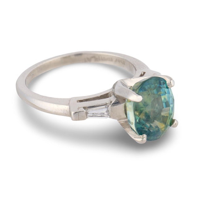 1990s Vintage Gia 4.30 Carat No Heat Teal Sapphire Diamond Platinum Ring, Size 5.25 For Sale - Image 5 of 6