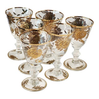1960s Set of 6 24k Gold Encrusted Crystal Cordial Shot Stem Barware Set For Sale