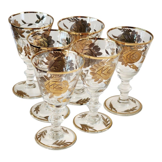 1960s Set of 6 24k Gold Encrusted Crystal Cordial Shot Stem Barware Set For Sale