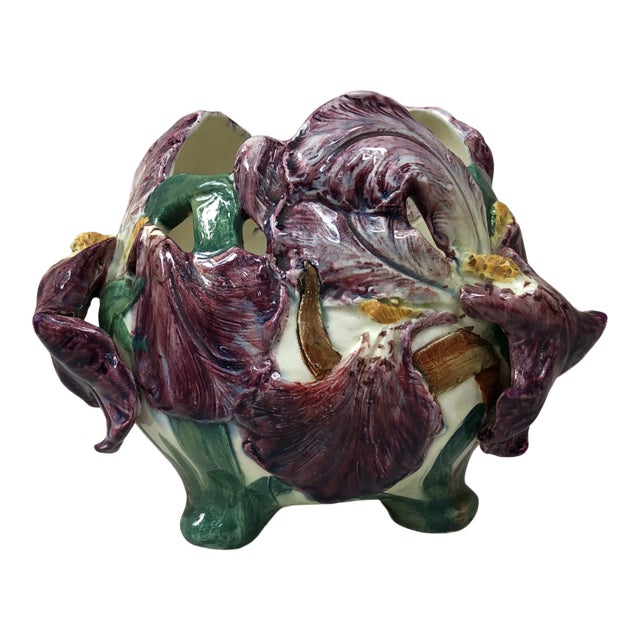 C.1890 Majolica Purple Iris Cache Pot Delphin Massier For Sale