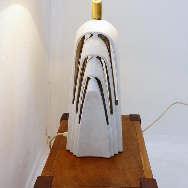 Large Art Deco Style Fan-Shaped White Ceramic Table Lamp, 1980s For Sale - Image 9 of 16