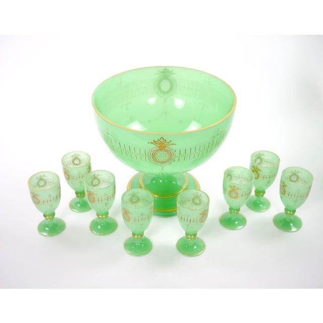 French Green Opaline Baccarat Crystal Engraved & Gilt Napoleon III Punch Bowl For Sale - Image 9 of 10