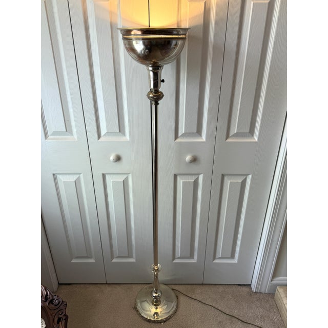 1930s Art Deco Pierced Silverplated 60" Torchiere Floor Lamp W/Claw Feet For Sale - Image 12 of 18