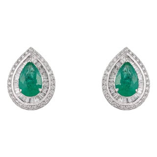 3.16ct Emerald & 1.2ct Diamond Double Halo Cluster Earrings in 18k White Gold- 2 Pieces For Sale