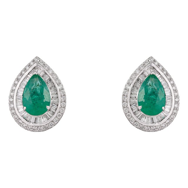 3.16ct Emerald & 1.2ct Diamond Double Halo Cluster Earrings in 18k White Gold- 2 Pieces For Sale