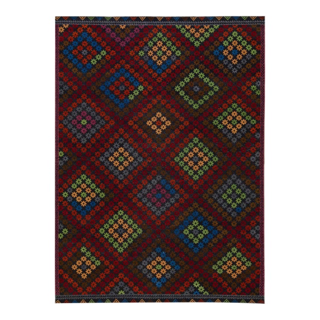 Multicolor Modern Soumak Handmade Geometric Designed Wool Rug For Sale