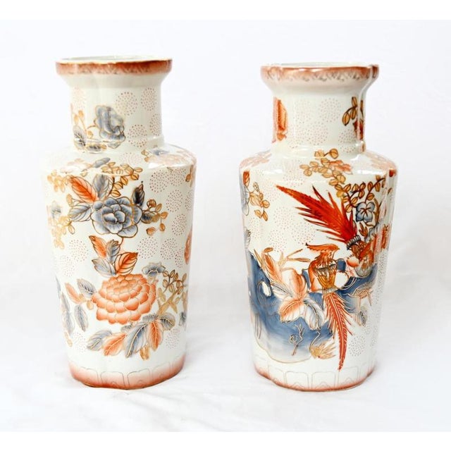 Metal Japanese Meiji Style Porcelain Vases with Birds and Flowers, Set of 2 For Sale - Image 7 of 7