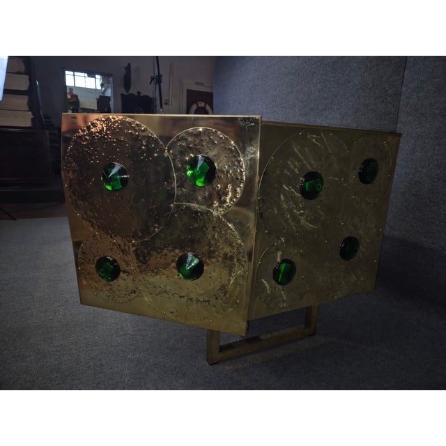 Metal Brass & Black Glass Credenza With 24 Green Jewels Made in Italy For Sale - Image 7 of 7