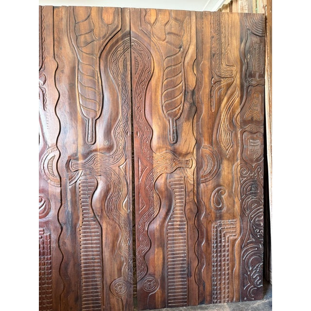 Vintage Tribal Hand-Carved Barn Door | Brown Wooden Sliding Door Panel | Rustic Boho 80 For Sale In Orlando - Image 6 of 8