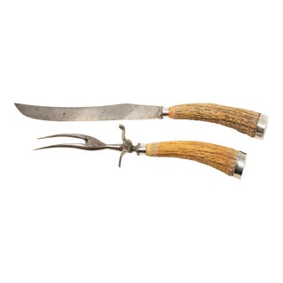Mid 20th Century Sterling Silver and Antler Handle Carving Set- 2 Pieces For Sale